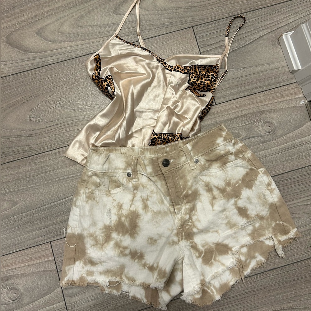 Leopard Print Satin Top and Tie-Dye Shorts Set